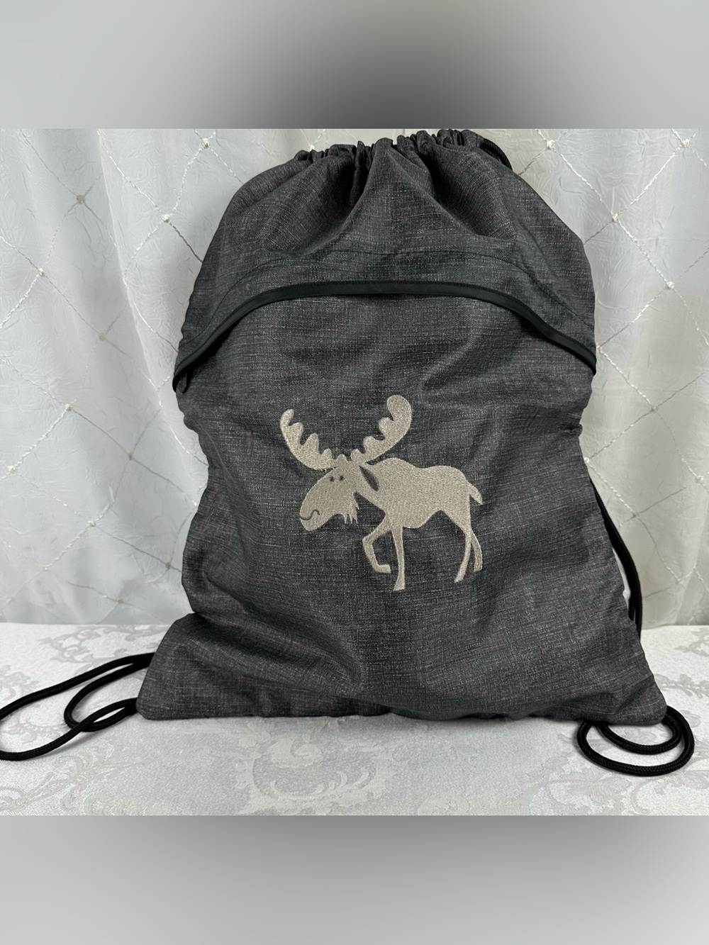 Charcoal Drawstring Backpack with Moose Graphic
